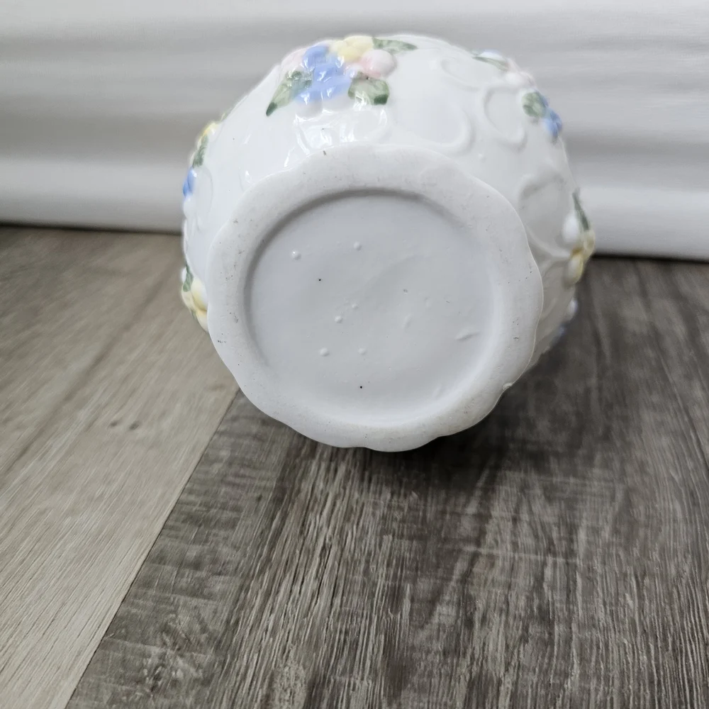 White Ceramic Vase with Pastel Floral Relief